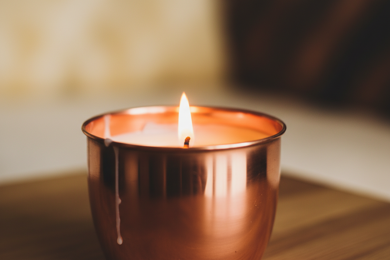close up of a candle burning in a simple 8.5fl oz copper cup