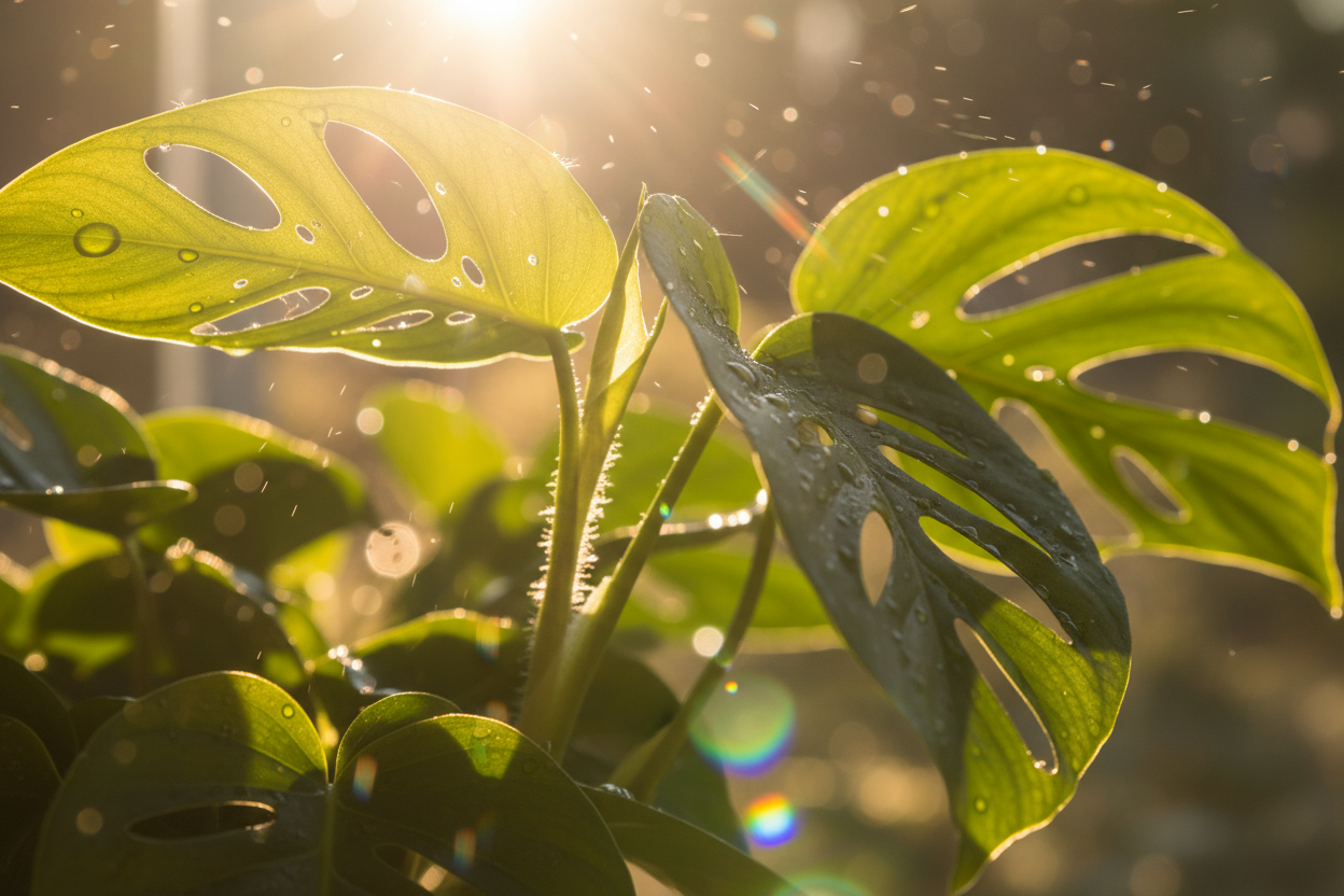 close up of common house plants with sunlight beaming creating prisms